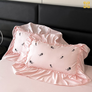 Set Chăn Ga Gối Phi Lụa Viền Bèo Thêu Hoa Hồng (Set 4 món)
