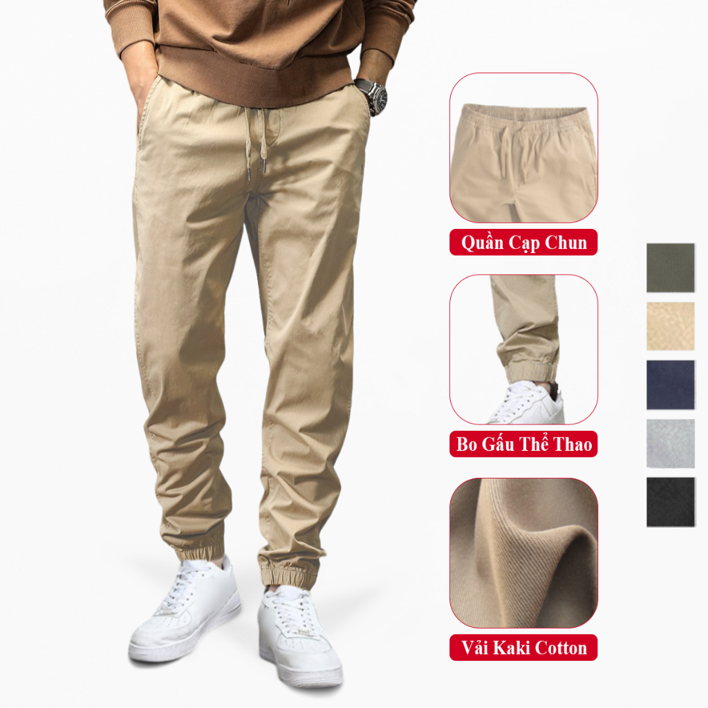 Quần Jogger Kaki Nam Bo Gấu Vicenzo Cao Cấp Vải Cotton Mềm Sau Khi Giặt. Jogger Kaki Nam Cao Cấp Đường May Chuẩn