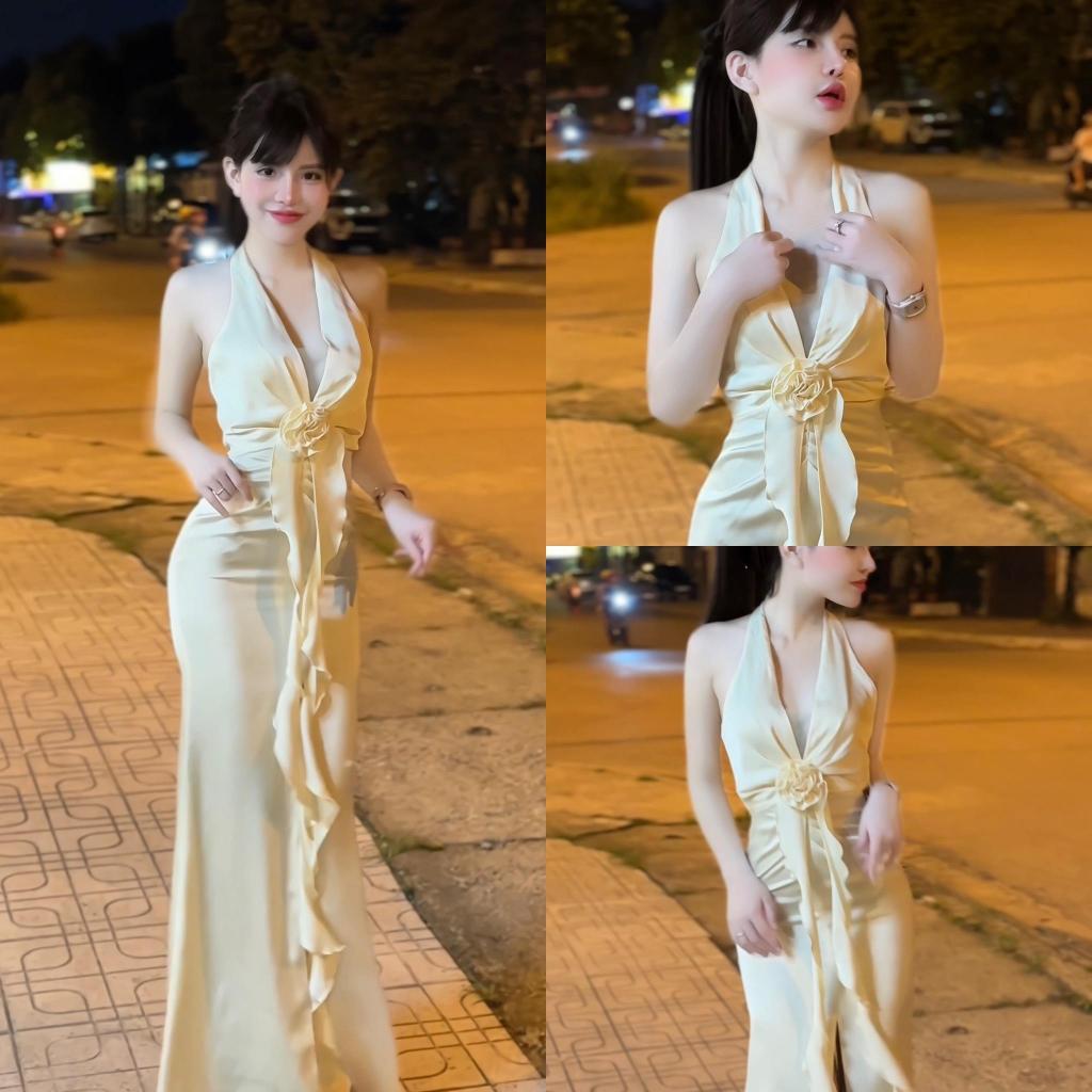 Váy lụa H58 phối bèo kết hoa eo