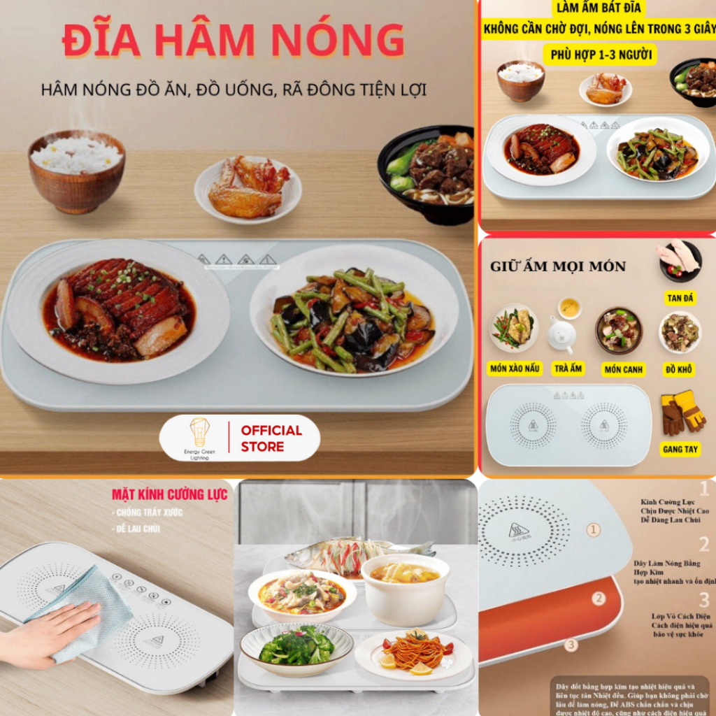 Đĩa Hâm Nóng Đồ Ăn Energy Green Lighting NCB-08 - Làm Nóng Nhanh - Mặt Kính Cường Lực An Toàn