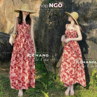 Đâm váy hoa đi biển - Đầm váy thời trang nữ maxi voan hoa đỏ 2 dây mocking dáng dài cho nàng đi biển,du lịch chụp ảnh