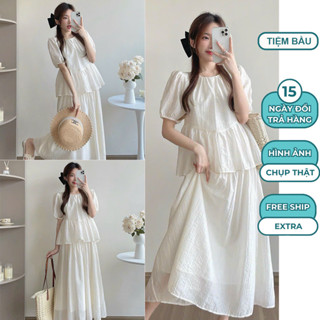SET ĐẦM VÁY BẦU DỰ TIỆC CƯỚI MÙA HÈ GỒM ÁO CỘC TAY VÀ CHÂN VÁY DÁNG SUÔNG CÓ ĐÁP BỤNG VÀ CHỈNH CHUN TIỆN LỢI FREESIZE