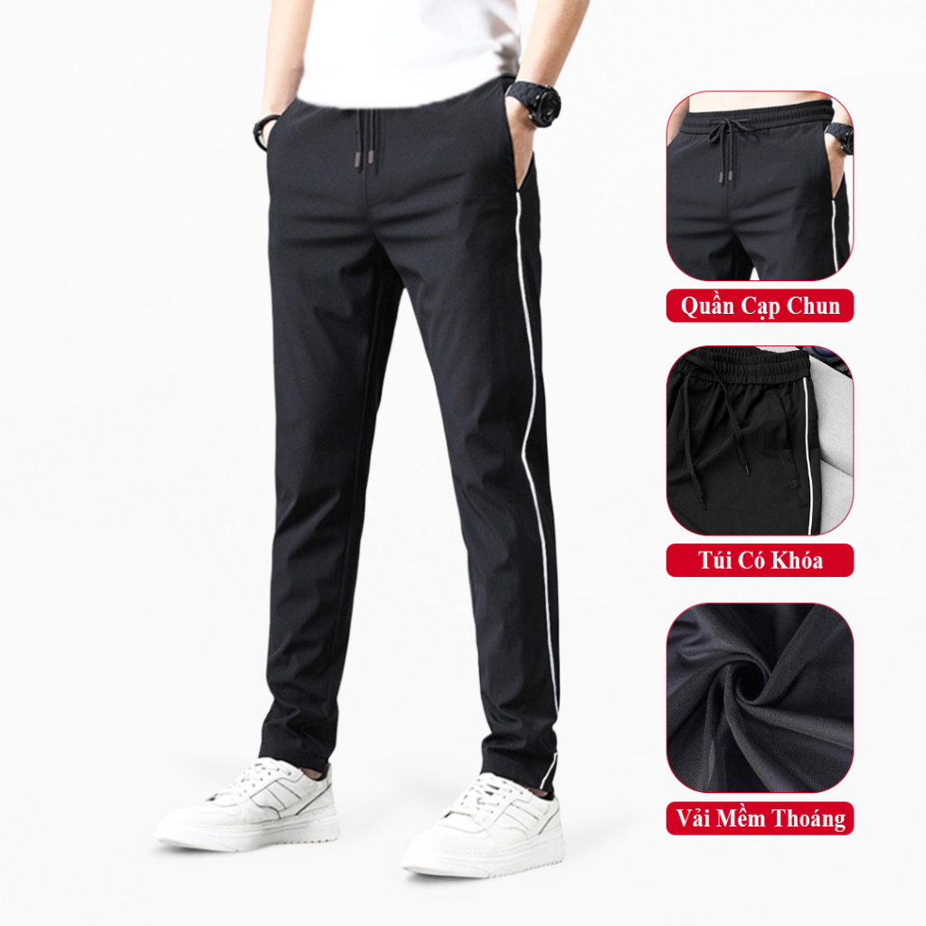 Quần Dài Thể Thao Nam Có Khóa Túi Cao Cấp Vicenzo Mềm Dày Viền Sọc. Quần Dài Nam Mặc Nhà Cạp Chun Ống Đứng