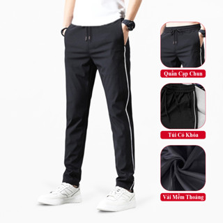 Quần Dài Nam Thể Thao Xuân Hè Cao Cấp Vicenzo Mềm Mị Ko Nhăn Phối Viền Sọc Trắng Có Khóa Túi, Quần Dài Nam Cạp Chun