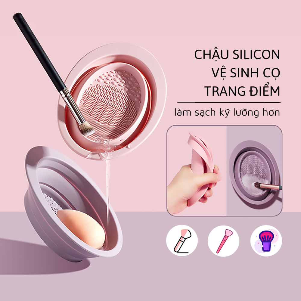 Combo Bộ Dụng Cụ Vệ Sinh Cọ Trang Điểm, Chậu Silicon Combo Set Giỏ Phơi Cọ, Nước Rửa Cọ Tiện Lợi SHUSHU COSMETICS