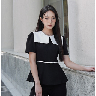 Áo sơ mi nữ Ailse Shirt phối vạt cổ trắng kèm đai nơ eo, Áo kiểu công sở chất vải tuyết nhung  AVND052406 