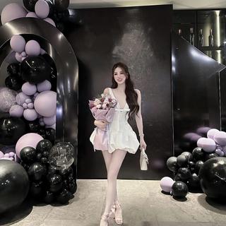 Váy Taffa cổ V phối nơ cv bồng đen, trắng