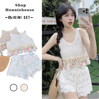 Set bộ ren đi biển đi chơi len móc 2 món áo ba lỗ croptop mix quả bông xinh xắn kèm quần sooc