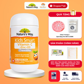 Bổ Sung Vitamin C Nature’s Way Kids Smart Vitamin C + Zinc + D3 Chewable Tablets Phát Triển Toàn Diện 75 Viên