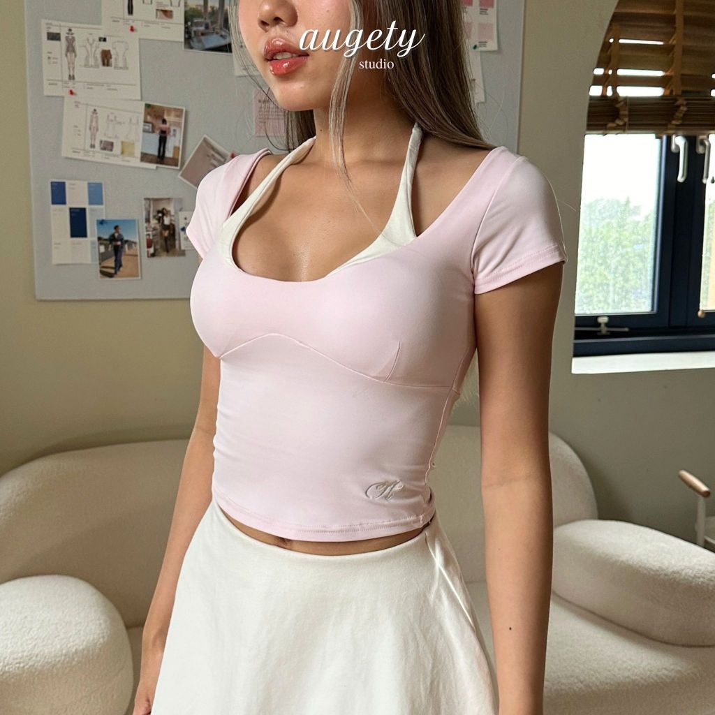 Áo Thun Croptop Tay Ngắn Thắt Dây Cổ Augety Studio, IVY Top | BigBuy360 - bigbuy360.vn