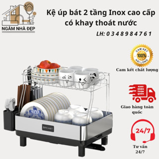 Kệ úp bát 2 tầng Inox cao cấp, Giá đựng chén đĩa thông minh có khay thoát nước M012