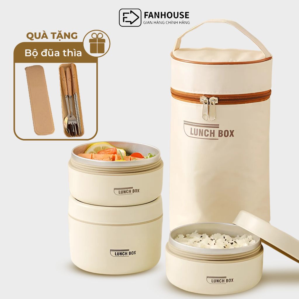  Hộp cơm giữ nhiệt 3 tầng Lunch Box 1500ml hộp đựng cơm inox 304 Fan House tặng bộ đũa thìa túi giữ nhiệt 