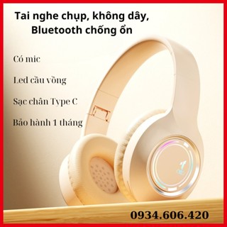 Tai nghe chụp tai không dây Bluetooth chống ổn, có mic, led cầu vồng, sạc Type-C dùng để nghe nhạc chill, nhạc bass mạnh