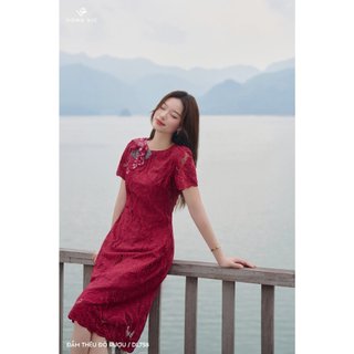 Đầm thêu đỏ rượu DL758