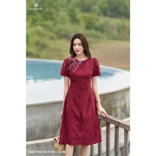 Đầm thêu đỏ rượu DL758