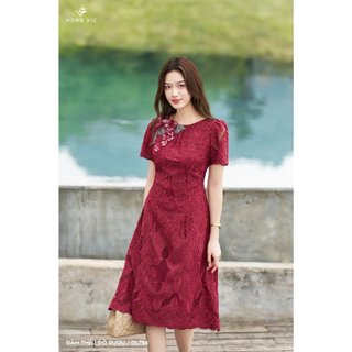 Đầm thêu đỏ rượu DL758