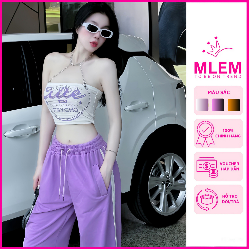 Set bộ thể thao cá tính 𝗗𝗘𝗠𝗜 áo quây croptop phối xích yếm cổ kèm quần suông dài kẻ sọc 𝗠𝗟𝗘𝗠 𝗦𝗧𝗬𝗟𝗘