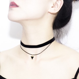 Vòng cổ choker dây chuyền nữ vải nhung đen 2 tầng mặt tam giác phong cách hàn quốc cá tính