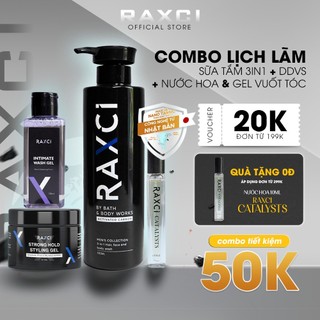 Combo Sữa Tắm Nam Raxci 500ml/chai,Nước Hoa Nam 10ml/chai,Dung dịch vệ sinh nam 130ml và Gel Vuốt Tóc 120gr