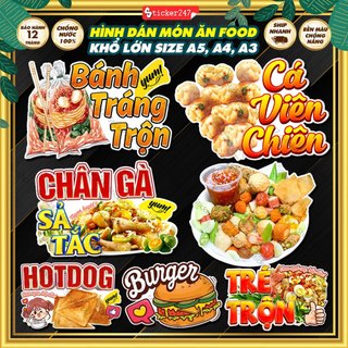 Decal Bánh Tráng Trộn, Chân Gà, Cá Viên Chiên 🌈𝑭𝒓𝒆𝒆𝒔𝒉𝒊𝒑 Sticker Món Ăn, Decal Ăn Vặt Trang Trí Quán, Xe Đẩy, Tủ, Tường