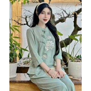 Đồ Lam Mặc Lễ Phật Chất Đũi Vân Mây Mịn Mát , Áo Cổ Tàu Thêu Hoa Sen Dài Tay Đính Chéo Nút Nhẹ Nhàng Nữ Tính