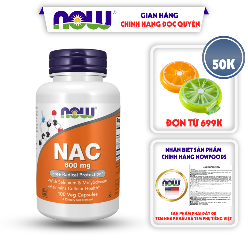 NAC NOW Giúp giải độc gan, bảo vệ gan toàn tiện, tăng cường miễn dịch  NAC 600 mg w/ Selenium & Molybdenum 100v từ Mỹ