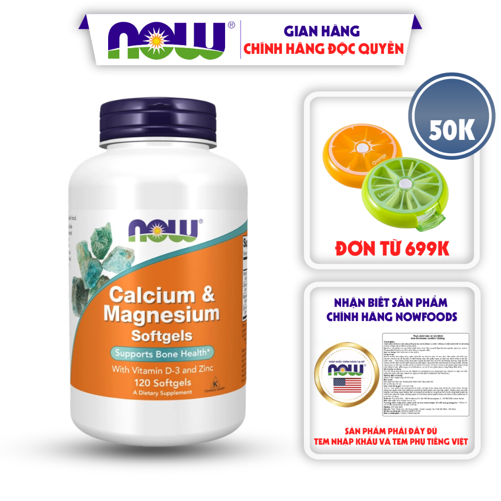 Canxi hữu cơ canxi, magie Calcium & Magnesium Now giúp xương chắc khỏe, hỗ trợ cơ bắp, trí nhớ, hệ miễn dịch 120 viên