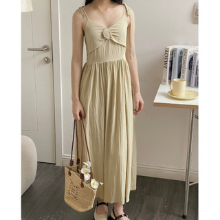 Váy hai dây nữ hoa ngực nhún eo dáng dài, Váy đi biển dáng maxi chất đũi mềm mát phong cách Hàn Quốc V5240522 