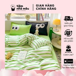 Bộ 4 Món Vỏ Chăn Ga Gối Cotton Poly Thoáng Mát Bền Bỉ Hoạ Tiết Mix Mắt Kẻ Sọc Fullsize Tiệm Nhà Mêu