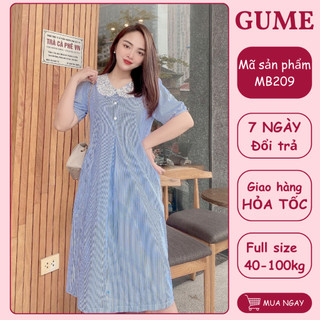 Váy bầu bigsize GuMe Kẻ Xanh Cổ Sen Bo Tay chất vải thô mềm size từ 40-100kg  MB209 xanh- ảnh thật