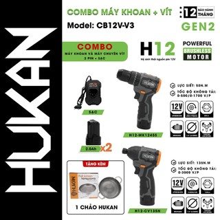 Combo máy khoan pin + máy bắn vít pin HUKAN CB12V-V3, Động cơ Không chổi than, Tặng kèm 1 chảo chống dính HUKAN