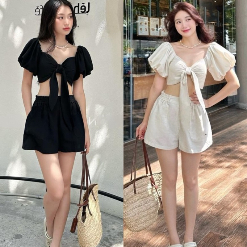 [S2.754] Set Linen Tiêu 2 Lớp Áo Thắt Nơ Ngực Có Đệm Mix Quần Đùi 2 Lớp Cạp Chun 2 Màu | BigBuy360 - bigbuy360.vn