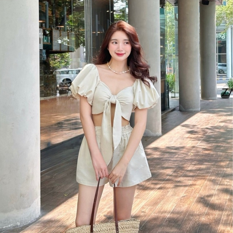 [S2.754] Set Linen Tiêu 2 Lớp Áo Thắt Nơ Ngực Có Đệm Mix Quần Đùi 2 Lớp Cạp Chun 2 Màu | BigBuy360 - bigbuy360.vn