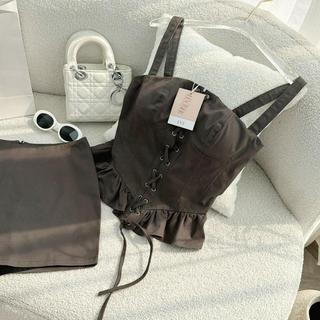 Set áo hai dây đan và chân váy  - Grey Set
