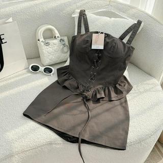 Set áo hai dây đan và chân váy  - Grey Set