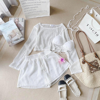 [SẴN] SET ÁO BIKINI KÈM SHORT VÀ CROPTOP LƯỚI TAY DÀI