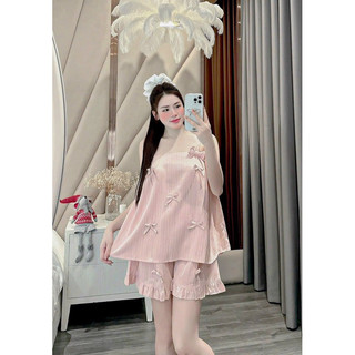 Bộ ngủ mùa hè , set đồ mặc nhà chất liệu thô đũi áo 2 dây Đính Nơ 1 Bên quần bèo hàng hè dành cho nữ by mộc bikini
