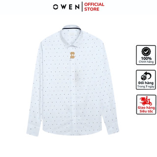 Áo sơ mi dài tay nam OWEN AR240036D somi công sở vải sợi tre cao cấp màu trắng họa tiết dáng suông tà lượn không túi