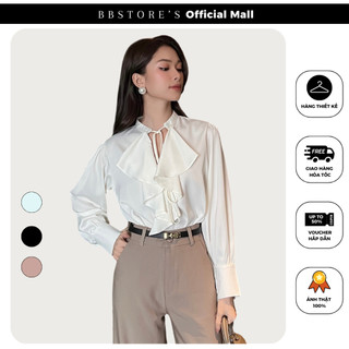 Bbstore's áo sơ mi lụa công sở phối viền bèo cột nơ tay dài -csa1454