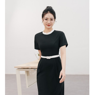  Váy Nữ Công Sở Cổ Tàu Dáng Ôm Phối Đai Eo Dài Ngang Gối LAMER L63I24H043 