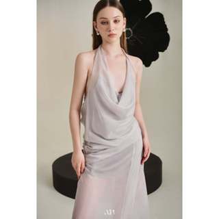 (Sẵn L) Everlyn Dress - Đầm Voan Cổ Đổ Lót Lụa Màu Xám