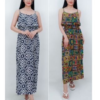 Đầm maxi đi biển 2 dây dáng dài eo bo thun tole lanh AMYRA - Váy maxi đi biển dáng dài mặc vào mùa hè mát cho mẹ Va034