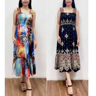 Đầm maxi đi biển 2 dây eo bo thun tole lanh thái dịu mát AMYRA - Váy maxi đi biển dáng dài mặc vào mùa hè cho mẹ Va007