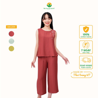 Bộ mặc nhà nữ chất Linen thời trang Việt Thắng, quần lửng, áo sát nách- B45.2305