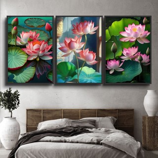 Bộ 3 Tranh treo tường canvas Lala hoa sen phong thủy tốt lành trang trí phòng khách kèm đinh 3 chân