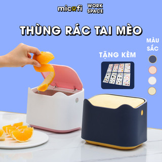 Thùng rác tai mèo micofi, thùng rác mini nắp bật bằng nhựa cute để bàn văn phòng