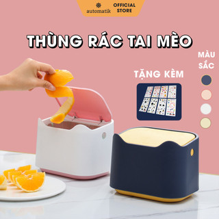 Thùng rác tai mèo automatik, thùng rác mini nắp bật bằng nhựa cute để bàn văn phòng