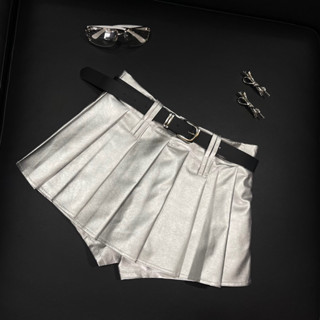 Chân váy da bạc xếp li có thắt lưng quần bảo hộ By Jolie Byjolievn Minzi Skirt
