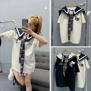 Áo phông thủy thủ phối khăn quàng kẻ sọc, áo thun đính gấu số 15 chất liệu cotton co giãn