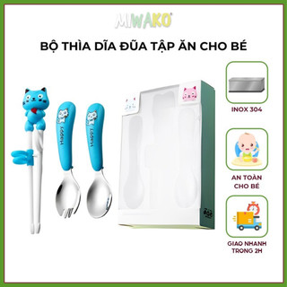 (Quà tặng) Bộ Thìa Đũa Dĩa Tập Ăn An Toàn Cho Bé Bằng Inox 304